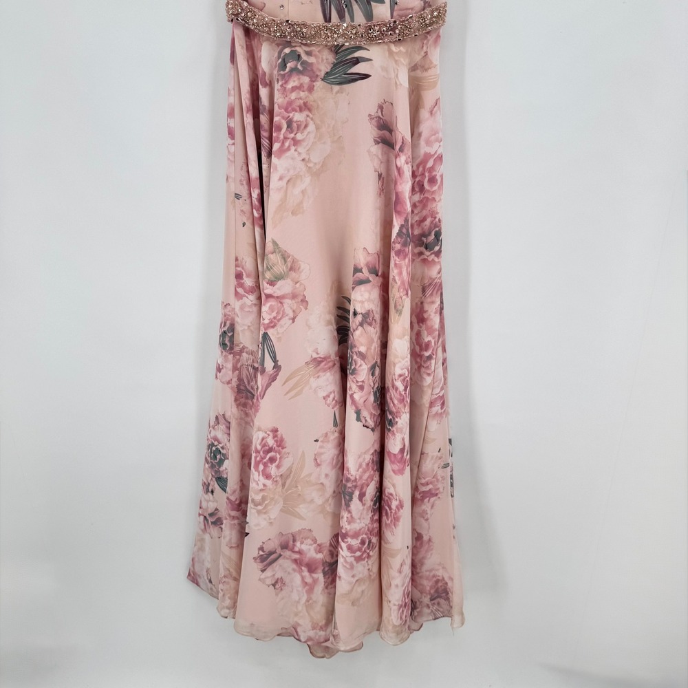 Morilee Prom Dress Pink Floral Beaded Halter Open Back Gown Size 4 99038 - Picture 5 of 16